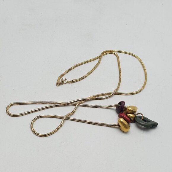 Vintage Gold Snake Chain Necklace With Stone Metal Bead Charm Accents - Picture 4 of 5